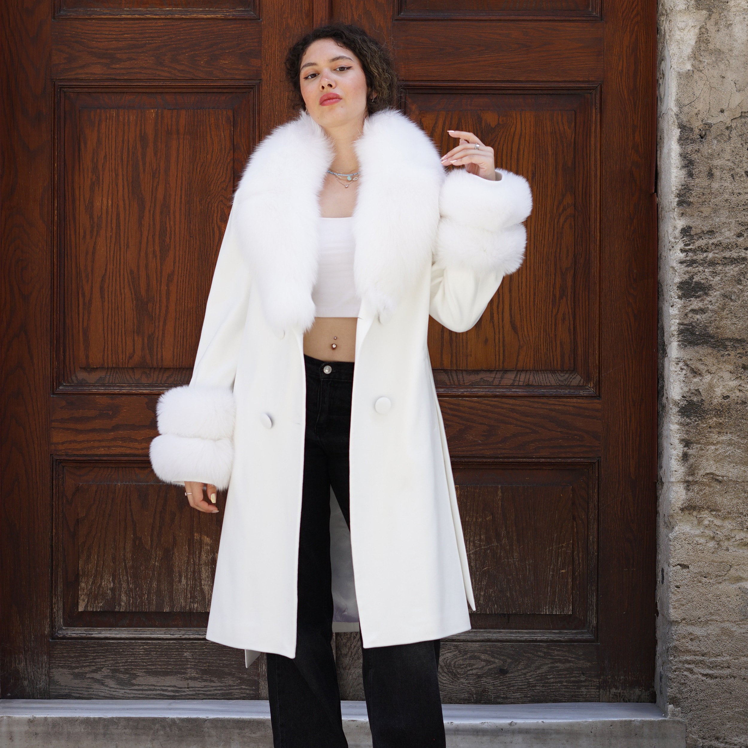 シャドーフォックス リアルファーコート クリーム白 real fur シャドーフォックス リアルファーコート クリーム白 real fur