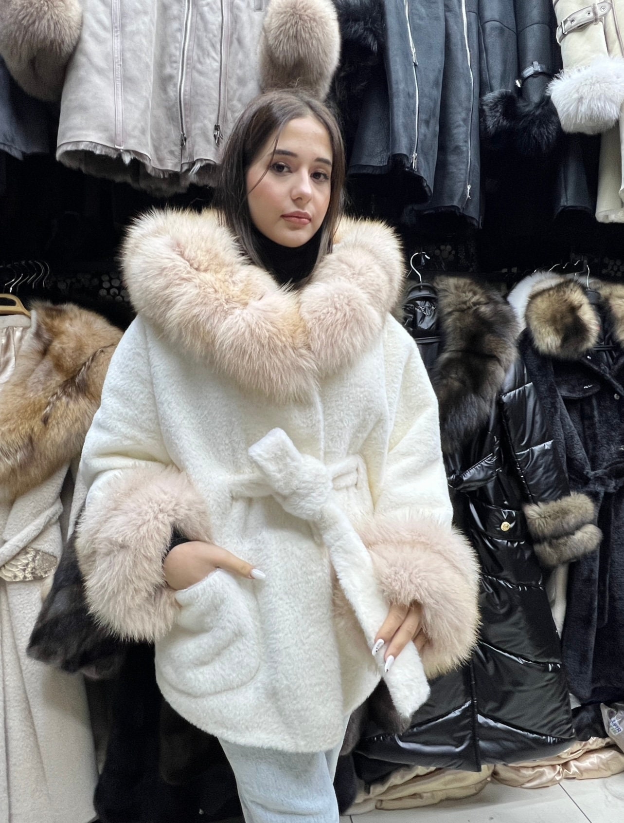 Alcantara Coat With Genuine Fox Collar and Cuffs Plus Size Alcantara Coat With Genuine Fox Collar and Cuffs Plus Size
