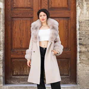 Beige Color Cashmere Coat Fox Fur Collarand and Cufs , Women Stylish Fox Fur , Luxury Coat
