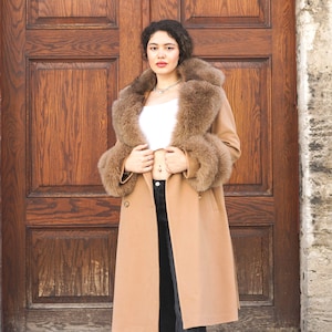 Camel Color Cashmere Coat Fox Fur Collarand and Cufs , Women Stylish Fox Fur , Luxury Coat