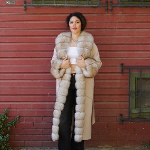Beige   Color Long Cashmere Coat Fox Fur Collarand and Cufs , Women Stylish Fox Fur , Luxury Coat