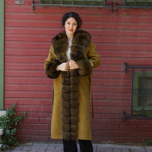 Olive Green  Color Long Cashmere Coat Fox Fur Collarand and Cufs , Women Stylish Fox Fur , Luxury Coat