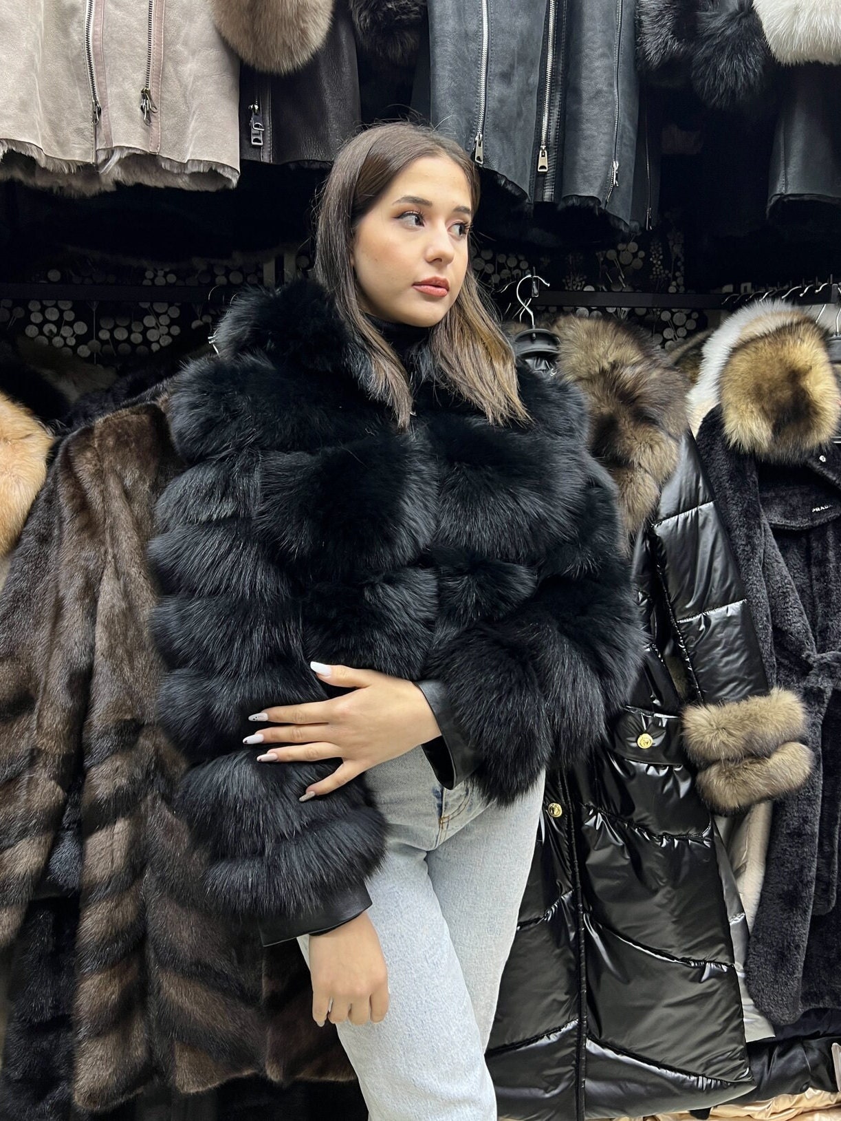 NKNIT/vegan fur big jacket【short】 Cropped Short Real Fox Fur Jackets Women Coat Hooded