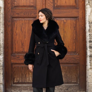 Black Color Cashmere Coat Fox Fur Collarand and Cufs , Women Stylish Fox Fur , Luxury Coat
