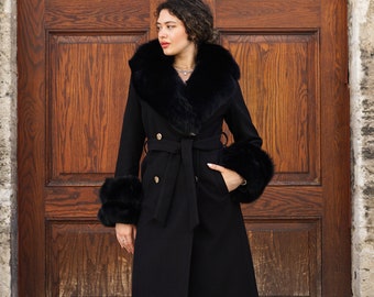 Black Color Cashmere Coat Fox Fur Collarand and Cufs , Women Stylish Fox Fur , Luxury Coat