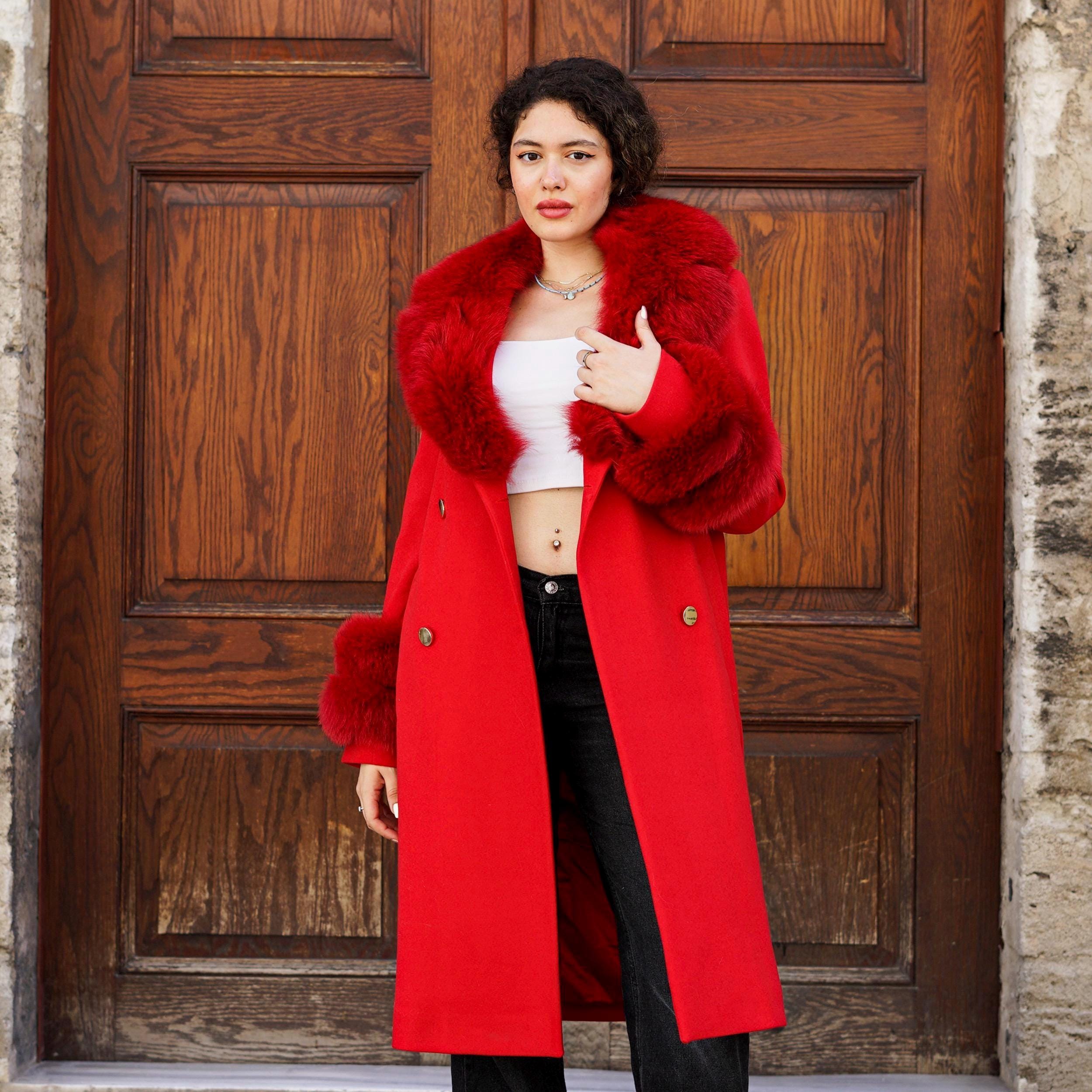 Red Cashmere Coat: Women's Fox Fur Collar & Cuffs - Etsy