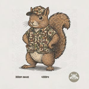 May include: A detailed illustration of a squirrel wearing a camouflage hat and vest. The squirrel is brown with a bushy tail and is standing with its hands on its hips. The image includes the text "300DPI IMAGE" and "4000PX".