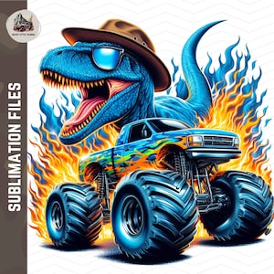 Monstertruck Raptor Png | Monstertruck png | Velociraptor Dinosaurier Monstertruck Sublimationsentwurf Kinder | LKW mit flammendem Tarnmuster