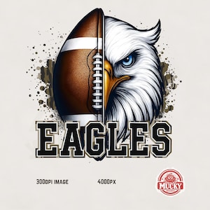 Könnte beinhalten: Digitalillustration mit einem Football und einem Adlerkopf. Der Football ist braun mit weißen Schnürsenkeln, der Adler hat weiße Federn, einen gelben Schnabel und blaue Augen. Das Wort "EAGLES" steht in schwarzen Buchstaben.