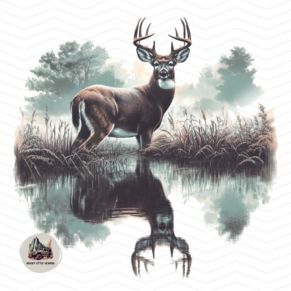 Watercolor Buck Sublimation Design Deer Hunting PNG Lake Deer Sublimation design Deer at lake image transparent background vintage deer png