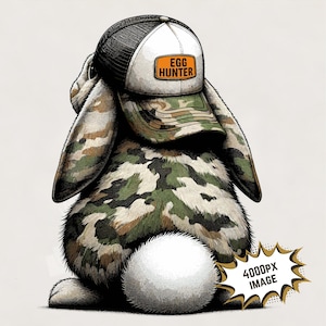 May include: An illustration of a rabbit wearing a camouflage hat with the text "EGG HUNTER" on the front. The rabbit's fur is also patterned with camouflage. A white fluffy tail is visible.