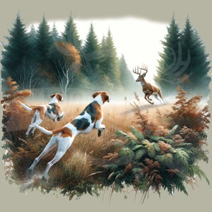 American Foxhound png - Sublimación de caza de ciervos / Escena de caza del bosque silvestre / Caza de sublimación de ciervo de cola blanca con perros png