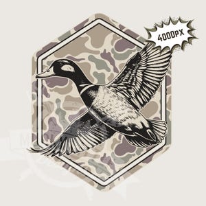 May include: A black and white illustration of a duck flying over a camouflage pattern. The duck is in flight with its wings spread wide. The camouflage pattern is in shades of brown, green, and beige.