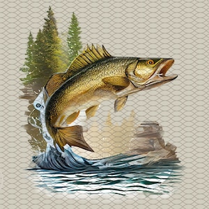 Pesca png saltando Walleyes Pez png Diseño de sublimación fondo transparente Walleye dorado png archivos de impresión pescador caza vasos