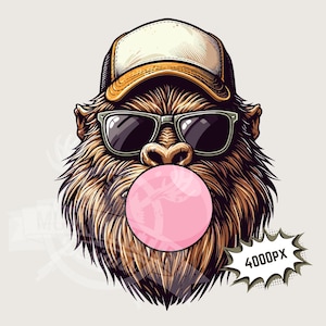 Sasquatch con chicle (PNG) / Imágenes divertidas al aire libre (PNG), imágenes de humor para acampar (PNG), imágenes de sublimación de Pie Grande (300 ppp) para descargar en ropa