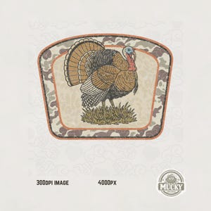 May include: A vintage-style illustration of a turkey standing on grass, set within a camouflage-patterned frame. The turkey features brown, black, and tan feathers, a red wattle, and a blue head. The image includes the text "300DPI IMAGE" and "4000PX".