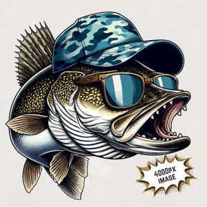 snoekbaarzen springen png, vis in blauwe camouflage baseballpet png ontwerp met camouflageprint Sublimatieontwerp afdrukbestanden transparante achtergrond