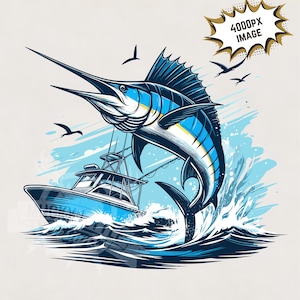Pesca en el mar Marlín png Marlín png pesca en alta mar Diseño de sublimación fondo transparente clipart dtg dtf archivos de impresión pescador en el mar