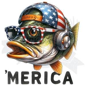 Bass 'Merica PNG / niños 4 de julio Sublimación / Bass Fishing png / Pescado con gafas de sol png / niños pescando png / Pescado con gorra hacia atrás png /