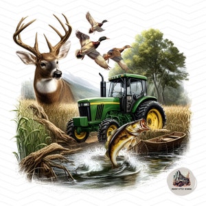 Caza Pesca Agricultura Sublimación Diseño PNG caza pesca agricultura png Tractor granjero pesca de lubina ciervos, caza de patos imágenes transparentes