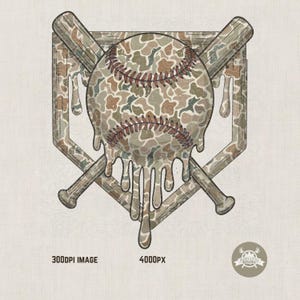 May include: A baseball design with a camouflage pattern, featuring a melting effect. The baseball is positioned above crossed bats and a home plate shape. The image includes the text "300DPI IMAGE" and "4000PX".