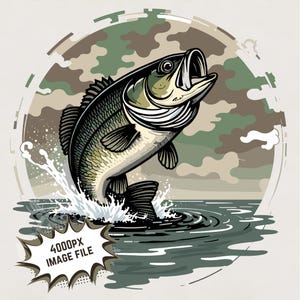 Bajo de camuflaje PNG, sublimación de pez bajo, bajo saltando PNG, diseño de camuflaje de la vieja escuela PNG, archivo de imagen de sublimación de caza y pesca Descarga digital