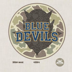 May include: Circular graphic with the text "BLUE DEVILS" in blue and gold, set against a camouflage pattern. A devil silhouette is behind the text. The image also includes the text "300DPI IMAGE" and "4000PX".