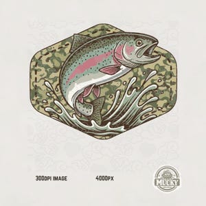 May include: A colorful illustration of a rainbow trout leaping from water. The fish is depicted with shades of green, pink, and silver, set against a camouflage-patterned hexagon. The image includes the text "300DPI IMAGE" and "4000PX".