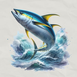 tonno pinna gialla png / Salty Boy PNG / tonno che salta png Pesca in mare Sublimazione sfondo trasparente disegno pescatore di acque profonde