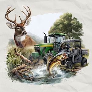 caza pesca agricultura png Caza Pesca Agricultura Sublimación Diseño PNG Tractor granjero pesca de lubina ciervo, RZR UTV png imágenes transparentes