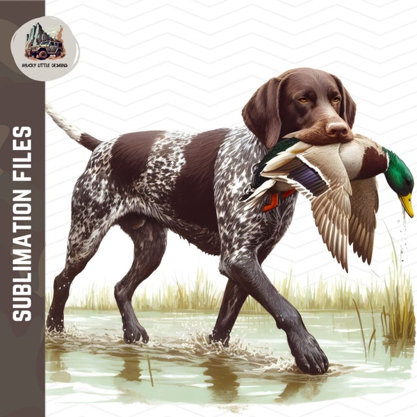 GSP Duck Hunting Sublimation design | German Shorthaired Pointer PNG | Duck hunt wall art hunter | Bird dog retrieving mallard duck