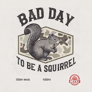 May include: A graphic design featuring a detailed illustration of a squirrel inside a camouflage-patterned hexagon. The text "BAD DAY TO BE A SQUIRREL" arches above and below the squirrel. The image has a vintage, hand-drawn style.