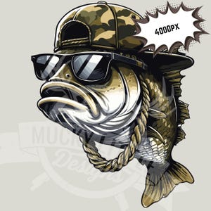 pescado en gorra de béisbol png, diseño de pesca de camuflaje Pesca de lubina Sublimación PNG / Pescado divertido en gafas de sol niños mujeres niñas hombres diseño de pesca