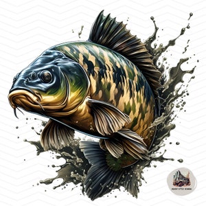 Carpa saltadora png Camo Carp Sublimación diseño fondo transparente pesca de coches acuarela arte imprimir archivos carpa pescador diseño de camisa