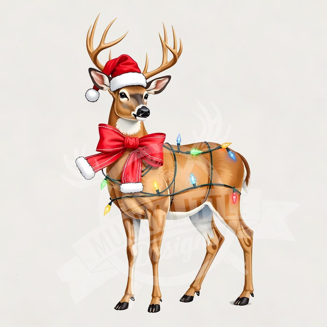 Coquette Bow Christmas Deer Png Buck Wrapped in Lights and Santa Hat ...
