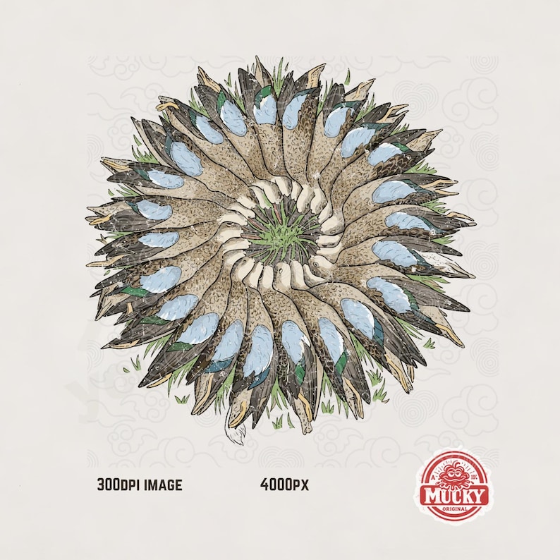 May include: Circular illustration of duck feathers arranged in a spiral pattern. The feathers are mainly brown, with blue and green accents. The artwork includes the text "300DPI IMAGE" and "4000PX". A "Mucky Original" logo is in the lower right corner.