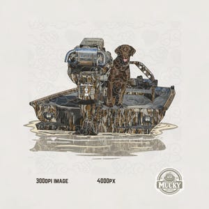 May include: Illustration of a brown Labrador Retriever dog sitting on a camouflage-patterned boat. The boat has a motor and is reflected in the water. The image includes the text "300DPI IMAGE" and "4000PX".