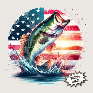 Pesca de lubina patriótica png / Sublimación de lubina circular con bandera estadounidense, archivo de impresión de imagen de 300 dpi con sublimación de pesca en EE. UU., descarga instantánea