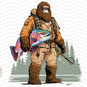 Diseño de pesca Bigfoot Pesca de trucha arco iris png Pesca divertida png Diseño de sublimación Diseño de camisa de pesca de trucha con envoltura de vaso de pesca con mosca