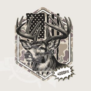 May include: A black and white illustration of a deer head with large antlers. The deer head is set against a background of camouflage and an American flag. The text "4000PX" is in a speech bubble.