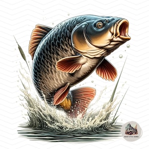 Jumping Carp Sublimation Design: Fishing Watercolor Art (PNG Digital Download)