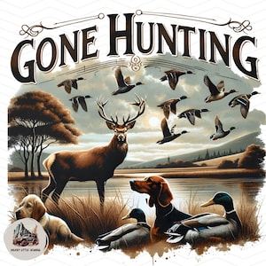Gone Hunting png Deer Design - Rustic Vintage Wilderness Graphic Retro Sunset - Arte de sublimación al aire libre para cazadores y entusiastas de la naturaleza