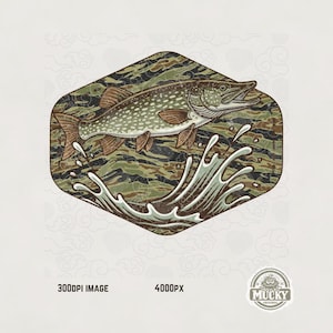 Op de afbeelding: Illustratie van een springende vis met waterspetters, geplaatst in een zeshoekig camouflagepatroon. De vis heeft bruine en witte markeringen. De afbeelding bevat de tekst "300DPI IMAGE" en "4000PX". Een logo met de tekst "MUCKY ORIGINAL" staat rechtsonder.