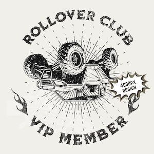 Könnte beinhalten: Schwarz-weiße Grafik eines sich überschlagenden Geländewagens mit dem Text "ROLLOVER CLUB VIP MEMBER" in einer verwitterten Schriftart. Das Design umfasst einen Strahlenkranz, der vom Fahrzeug ausgeht, und eine Textblase "4000PX DESIGN".