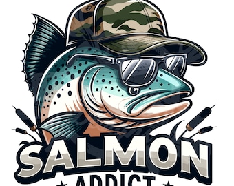 Funny Salmon Addict PNG: Fishing Shirt Sublimation Design (Digital Download)