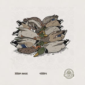 Może przedstawiać: Ilustracja stosu kreskówkowych kaczek w odcieniach szarości, brązu i zieleni. Kaczki zachodzą na siebie, niektóre są zwrócone przodem, a inne bokiem. Obraz zawiera tekst "300DPI IMAGE" i "4000PX".