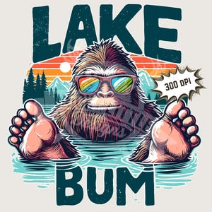 Bigfoot lago vagabundo PNG / Aire libre divertido PNG, Humor de la vida en el lago PNG, Diseño divertido de Bigfoot de verano, Archivo de impresión de imagen de sublimación de sasquatch de 300 ppp
