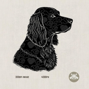 May include: A black and white illustration of a dog's profile. The dog's silhouette is filled with a swirling cloud pattern. The image includes the text "300DPI IMAGE" and "4000PX". A circular logo with text is in the bottom right corner.