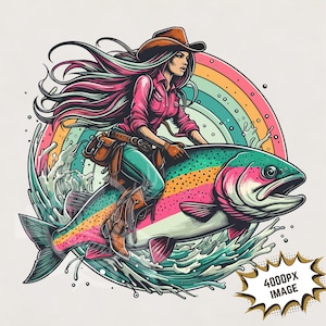 Vaquera montando una trucha arcoíris png / niña pescando Diseño de sublimación mujeres diseño de pesca de trucha niña pescando imprimible