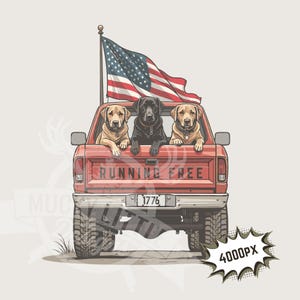 Sublimación de perro de caza patriótico / Labradores en camión png / Diseño de caza con bandera estadounidense, camiseta con ilustración vintage png archivo de impresión de 300 dpi